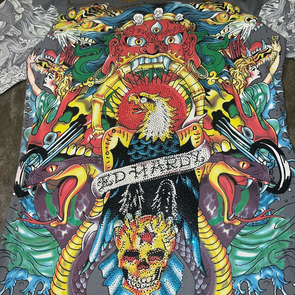 Vintage Ed Hardy by Christian Audiger All Over Print Rhinestone Gold Long Sleeve